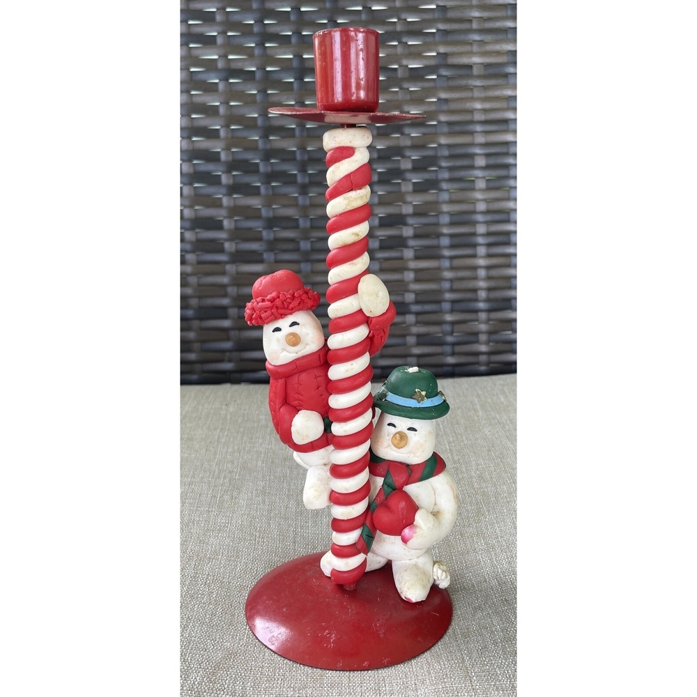 Vintage Snowman Candlestick Holder Kmart Red White Green Christmas Holiday Decor